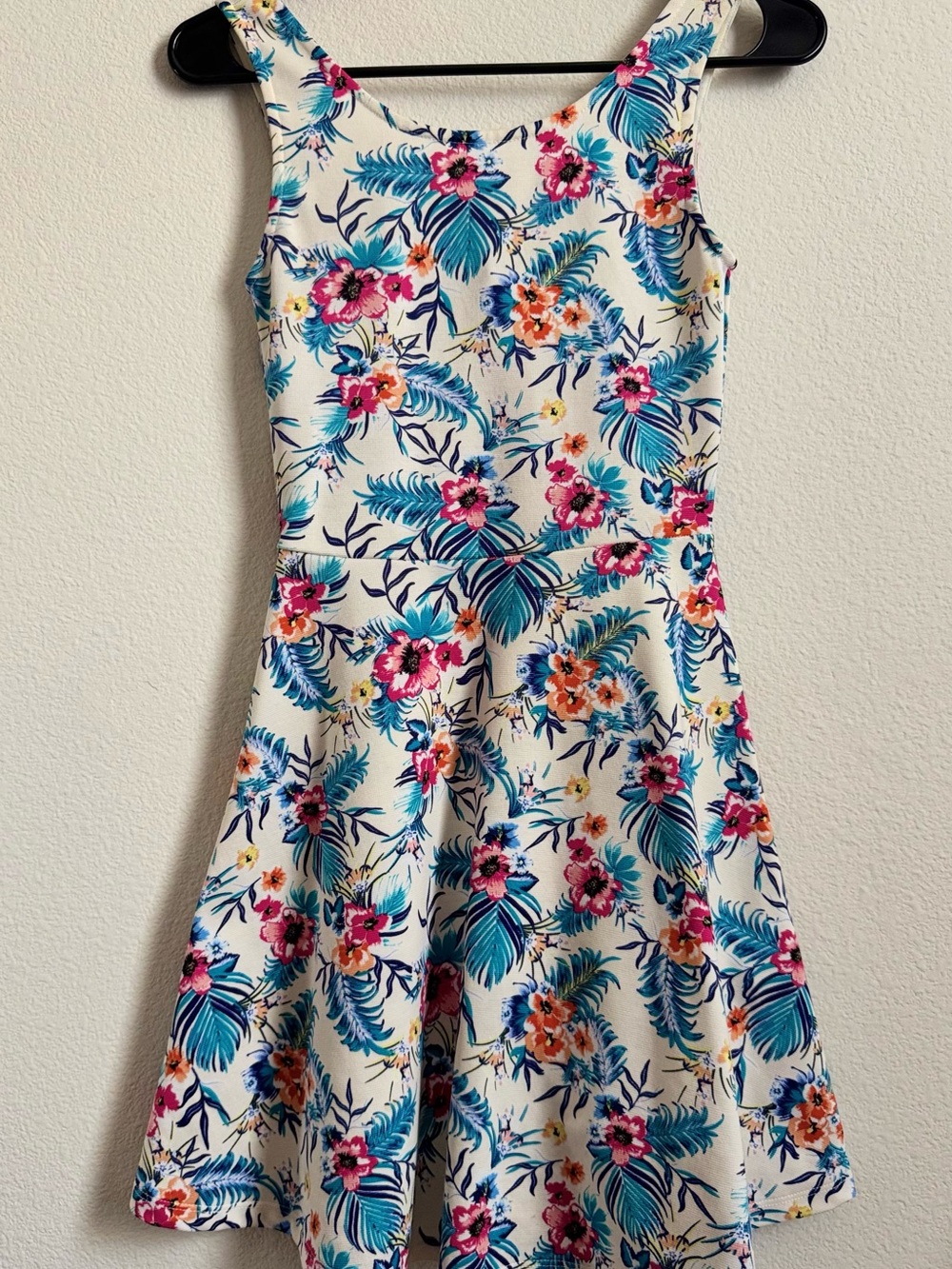 H&M Tropical Floral Fit and Flare Dress, Blue Pink Orange
